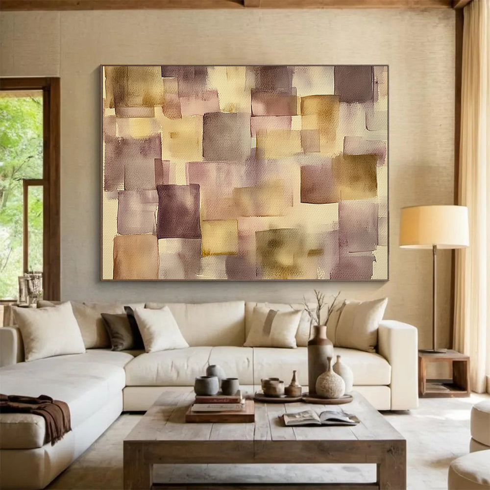 “Muted Geometric Squares” - Purple, Beige, Geometric, Abstract Painting On Canvas HB0764