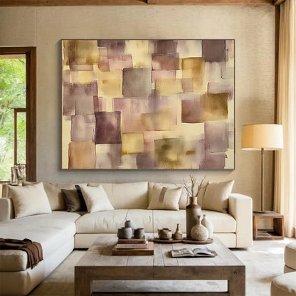 “Muted Geometric Squares” - Purple, Beige, Geometric, Abstract Painting On Canvas HB0764