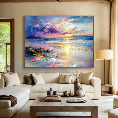 “Colorful Coastal Sunset” - Purple, Pink, Orange, Blue, Beach and Sky - Impasto Oil Painting HB1702