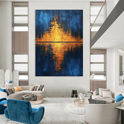 Contemporary hand-painted abstract art featuring golden light reflections on water with blue and gold hues enhanced by gold foil and textured canvas. DLZ0506