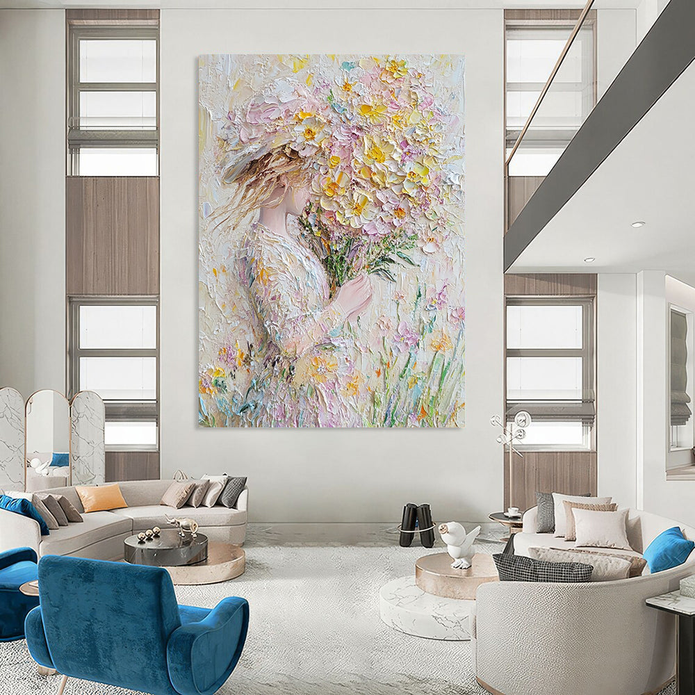 Contemporary abstract art featuring impasto technique vibrant spring flowers in pastel hues perfect for enhancing wall decor. DLZ1666