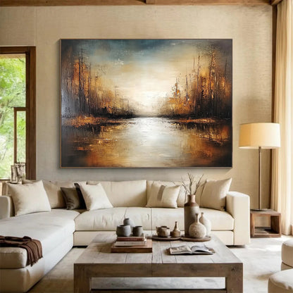 “Golden Forest Stream” - Brown, Gold, Gray, Sunlit Trees and Reflective Stream Painting On Canvas HB0929