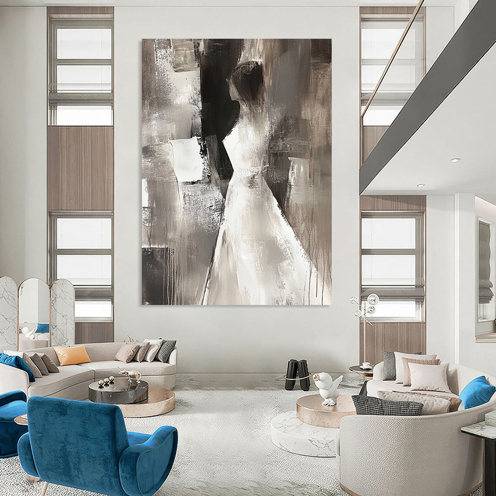 Contemporary abstract painting featuring a female figure in neutral tones, elegant brush strokes, and a mysterious atmosphere against a dark background. DLZ0668