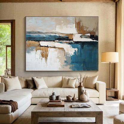 “Abstract Coastal Landscape” - Blue, Beige, White, Brown with Layered Forms - Painting On Canvas HB1384