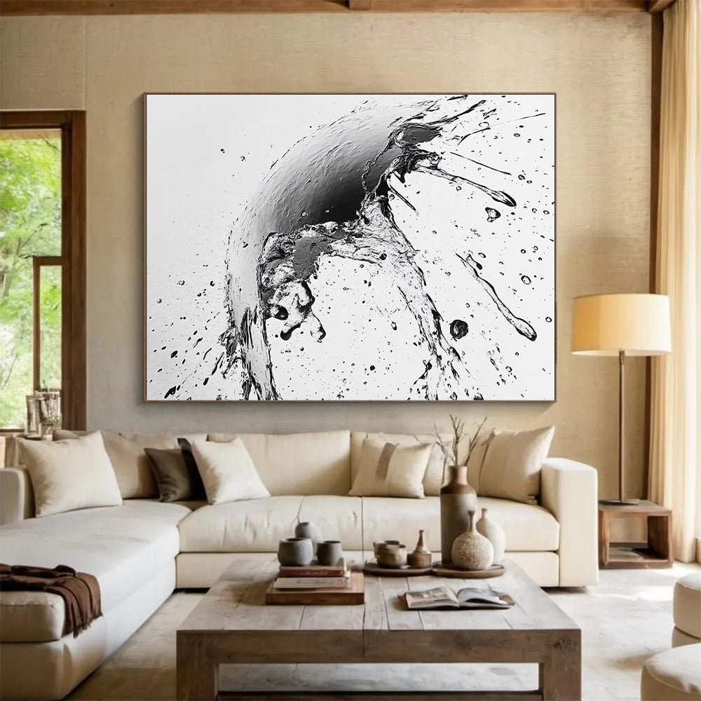 Black, White, Splashing Ink Drop "Ink Drop Explosion" Abstract Expressionist Painting On Canvas HB138