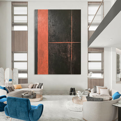 Large contemporary hand-painted abstract artwork featuring a dark orange rectangle with dynamic lines on a striking black background, showcasing bold textures and brush strokes. DLZ1282