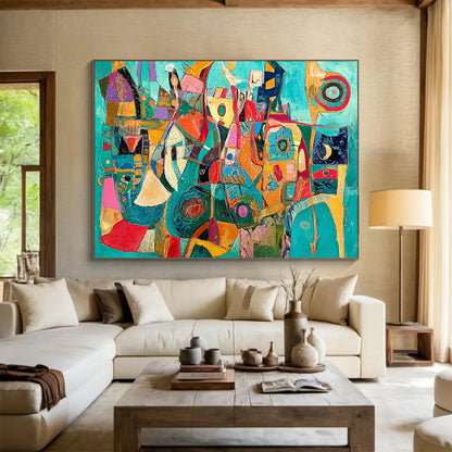 Vibrant Teal and Colorful Abstract Shapes - “Teal Carnival” Painting On Canvas HB1458