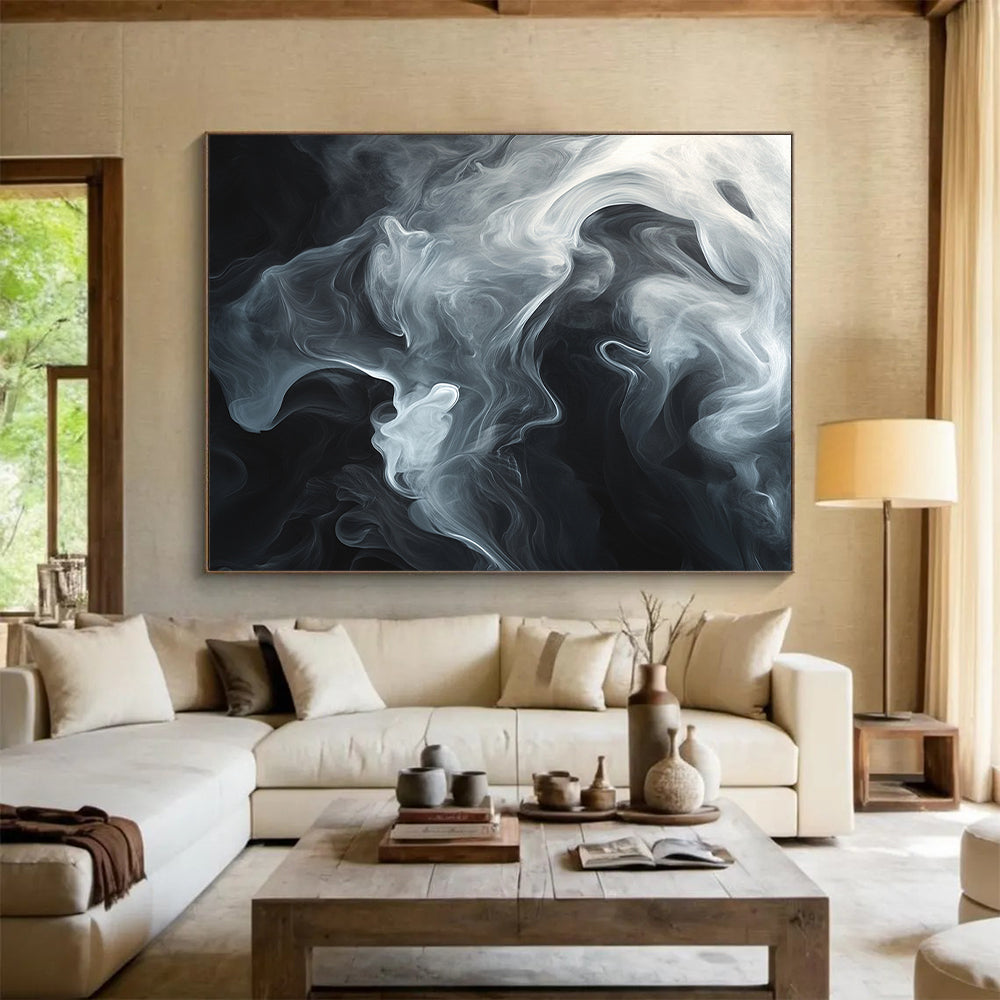 Black & White Swirling Smoke - “Mystic Smoke Veil” Painting On Canvas HB202