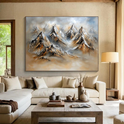 “Textured Mountain Landscape” - Snowy peaks, earthy tones, misty background, Textural Landscape Painting On Canvas HB0602