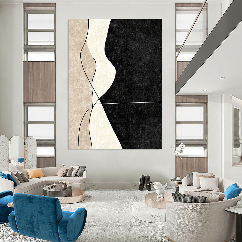Modern contemporary abstract painting with clean lines showcasing elegant curved shapes in neutral tones against a deep black background. DLZ1375