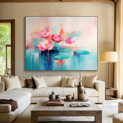 “Pastel Lotus Serenity” - Soft pinks, turquoises, oranges; Dreamy lotus flowers, pond; Impressionistic Floral Painting On Canvas HB1159