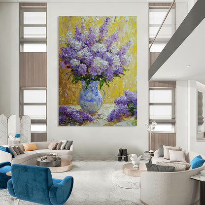 Contemporary hand-painted abstract art featuring vibrant purple and white flowers in a rich impressionist style with soft textured petals and a beautiful yellow background. DLZ1288
