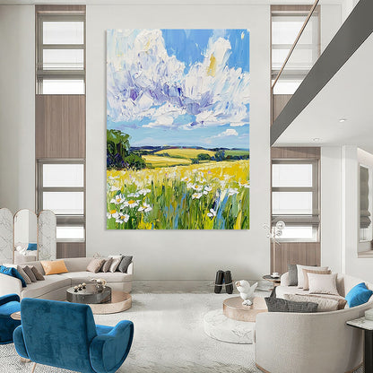 Contemporary abstract painting features vibrant fields and daisies under a blue sky, showcasing dynamic impasto brush strokes in a captivating landscape. DLZ1286
