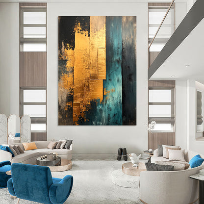 Contemporary abstract painting features gold teal and beige with gold foil edges showcasing layered architectural elements for unique texture and depth. DLZ0851