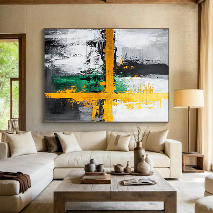 Gray, Black, Gold, Green and White Abstract Cross "Vibrant Crossroads" Painting On Canvas HB350