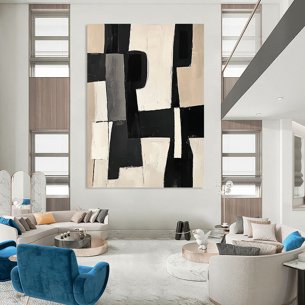 Large contemporary hand-painted abstract artwork featuring black and white shapes with bold brush strokes on a beige background in a modern cubist style. DLZ1409
