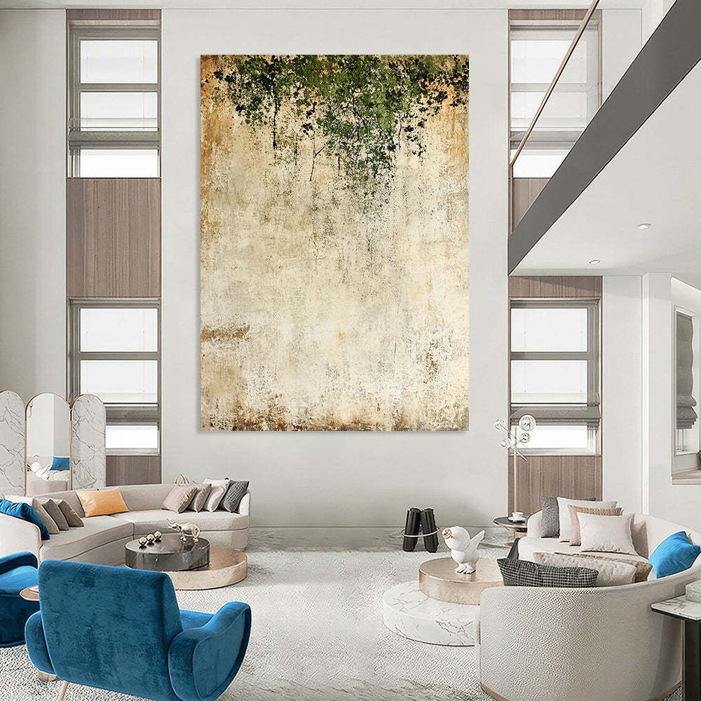 Contemporary hand-painted abstract backdrop features textured light beige and moss green with delicate dark flowers creating a unique artistic atmosphere. DLZ1722