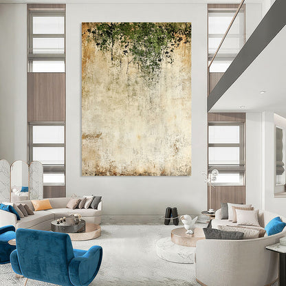 Contemporary hand-painted abstract backdrop features textured light beige and moss green with delicate dark flowers creating a unique artistic atmosphere. DLZ1722