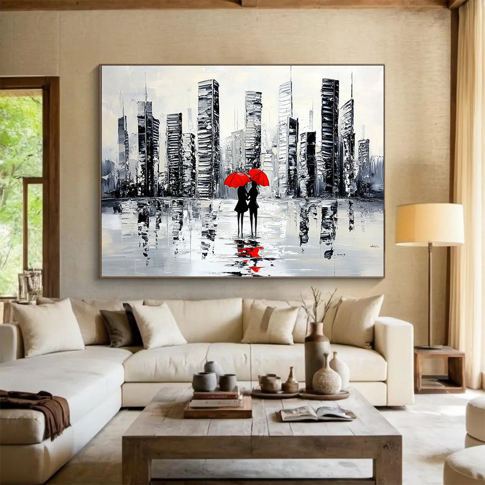 “City Lovers with Red Umbrellas” - Black, White, Red, Urban Couple Scene Painting On Canvas HB0849
