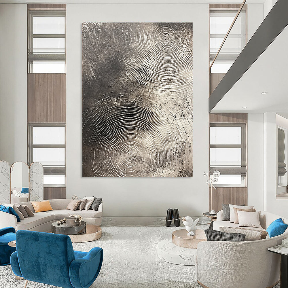 Contemporary abstract artwork features silver textures with swirling patterns on a dark gray background emphasizing depth and movement. DLZ1075