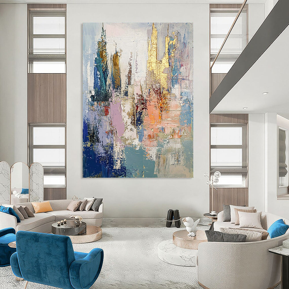 Contemporary abstract oil painting depicts an underwater city in muted pastels with gold leaf accents and thick brush strokes creating textured layers. DLZ0890