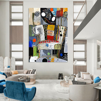 Contemporary abstract painting showcasing vibrant colors and dynamic textures evoking a stylized chair through circles and swirls. DLZ1367
