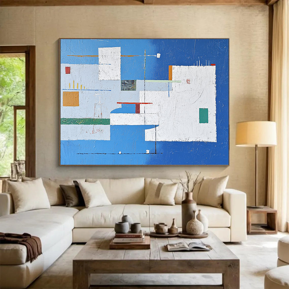 “Blue - White Abstract Geometric Composition” - Blue, White, Colorful Geometric Shapes Painting On Canvas HB0835