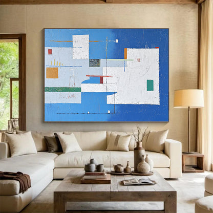 “Blue - White Abstract Geometric Composition” - Blue, White, Colorful Geometric Shapes Painting On Canvas HB0835
