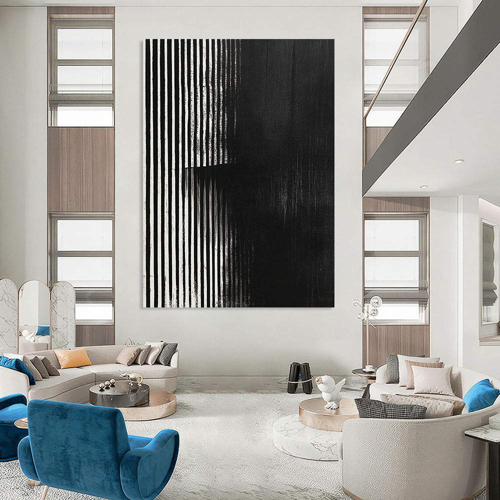 Contemporary hand-painted abstract art featuring black and white stripes with a grainy texture and focus stacking effect on a dark background. DLZ1489