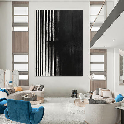 Contemporary hand-painted abstract art featuring black and white stripes with a grainy texture and focus stacking effect on a dark background. DLZ1489