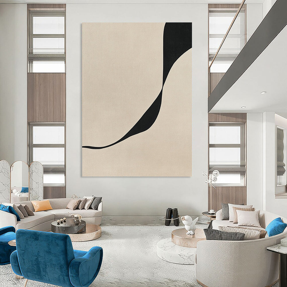 Contemporary abstract art featuring a minimalist design with a curved line on a textured beige and black canvas for a refined aesthetic. DLZ1131