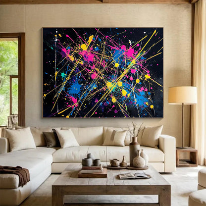 Black, Colorful Splashes, Yellow Lines "Fiesta Explosion" Abstract Painting On Canvas HB029
