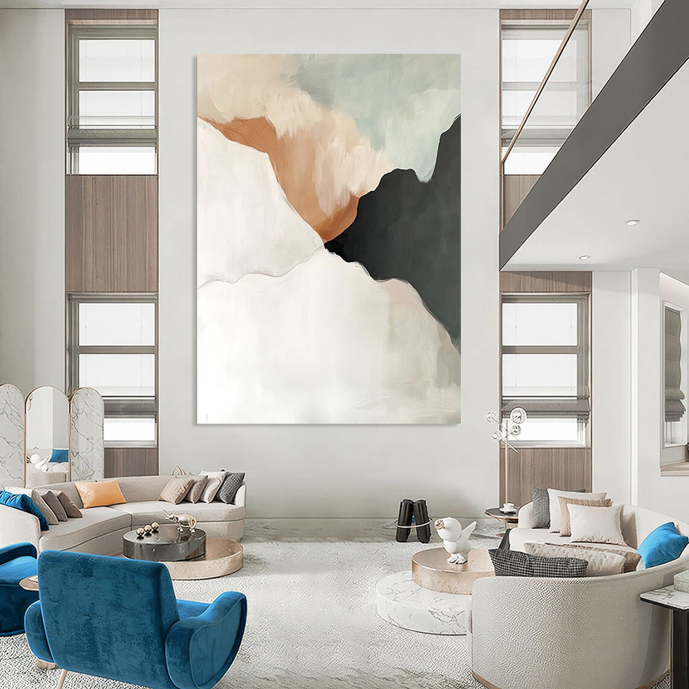 Contemporary hand-painted abstract artwork in white, grey, and beige tones with black accents, featuring fluid shapes and soft edges in light grey and amber hues. DLZ0781