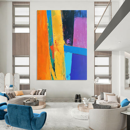 Contemporary hand-painted abstract art features vibrant blue orange yellow with dynamic shapes and lines on a purple background crafted in thick acrylic strokes. DLZ0510