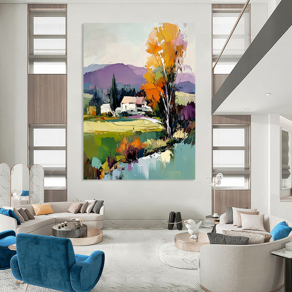 Contemporary abstract painting featuring vibrant trees, a house, and a flowing river under a light blue sky with distant purple mountains. DLZ1588