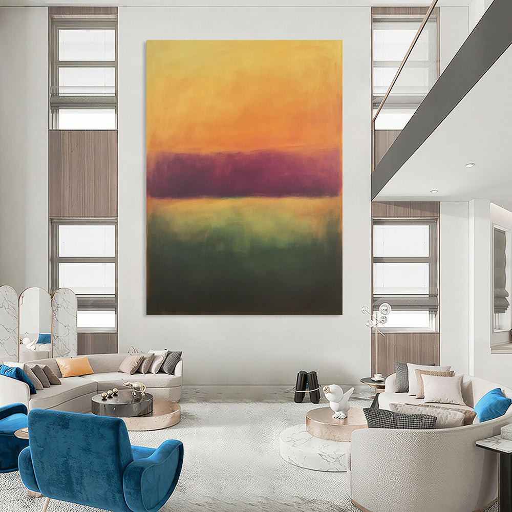 Vibrant contemporary hand-painted abstract artwork featuring soft orange and purple tones with a blurred gradient, ideal for enhancing modern spaces. DLZ0938