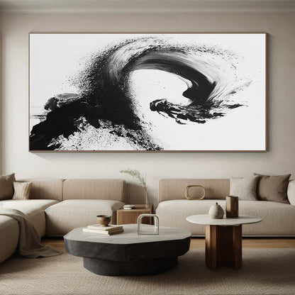 Black Curved Brushstroke with Splatter - “Flowing Enso Energy” Painting On Canvas HB245