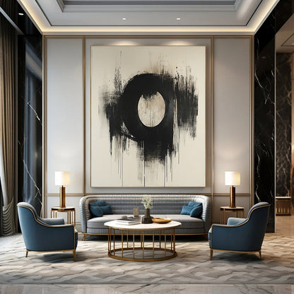 Contemporary abstract masterpiece featuring an oval in dark grey and beige on canvas with a textured finish showcasing artistic elegance. DLZ0859
