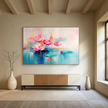 “Pastel Lotus Serenity” - Soft pinks, turquoises, oranges; Dreamy lotus flowers, pond; Impressionistic Floral Painting On Canvas HB1159