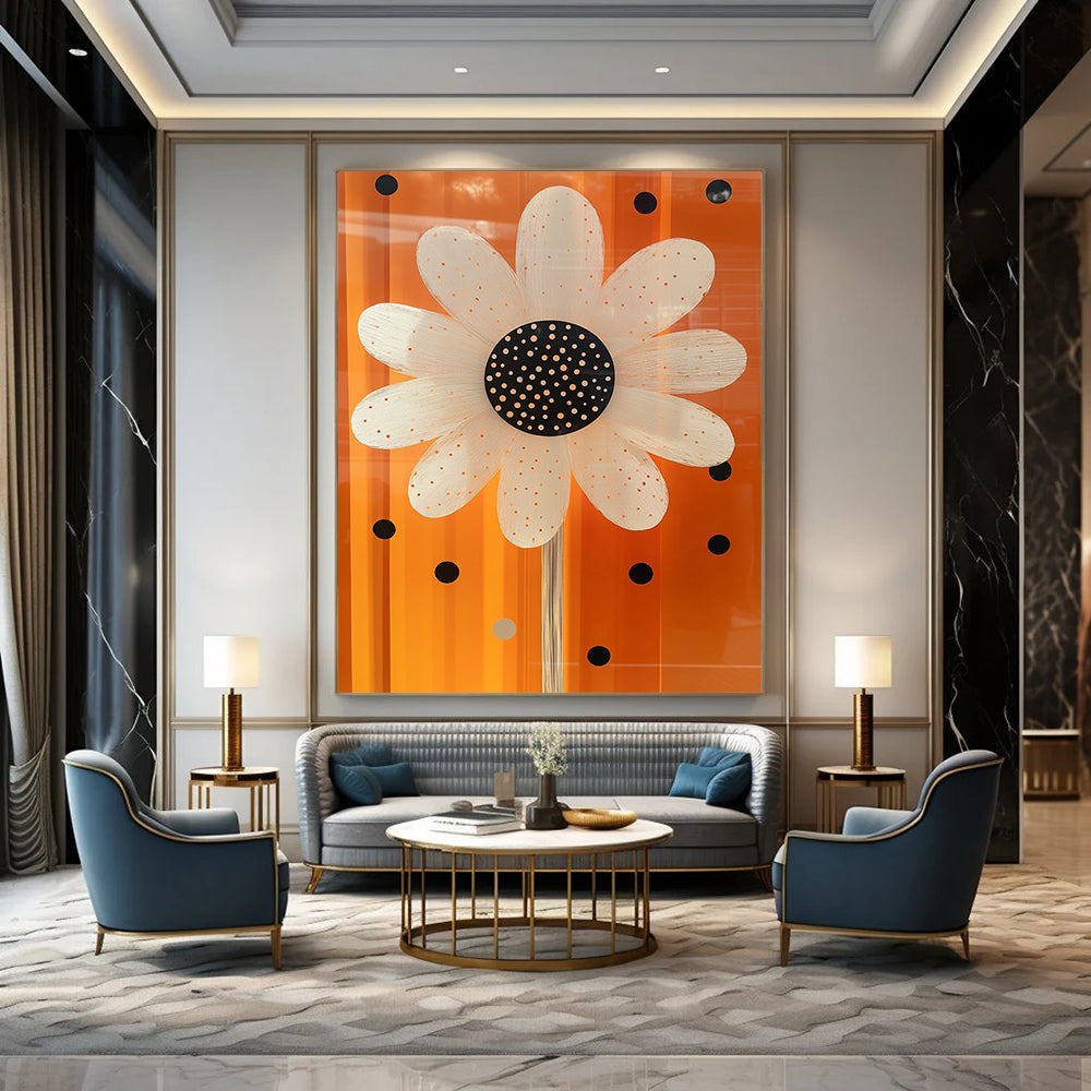Contemporary abstract art features a white daisy with black dots and a shiny glass-like center on an orange background with polka dot accents. DLZ1512