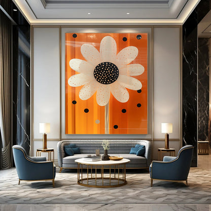 Contemporary abstract art features a white daisy with black dots and a shiny glass-like center on an orange background with polka dot accents. DLZ1512