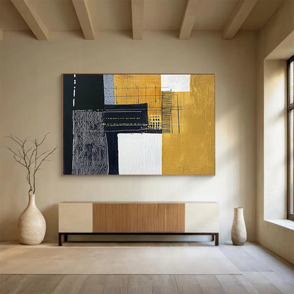 “Black Gold White Geometric Mix” - Black, gold, white, gray; Geometric abstract with mixed textures HB1292