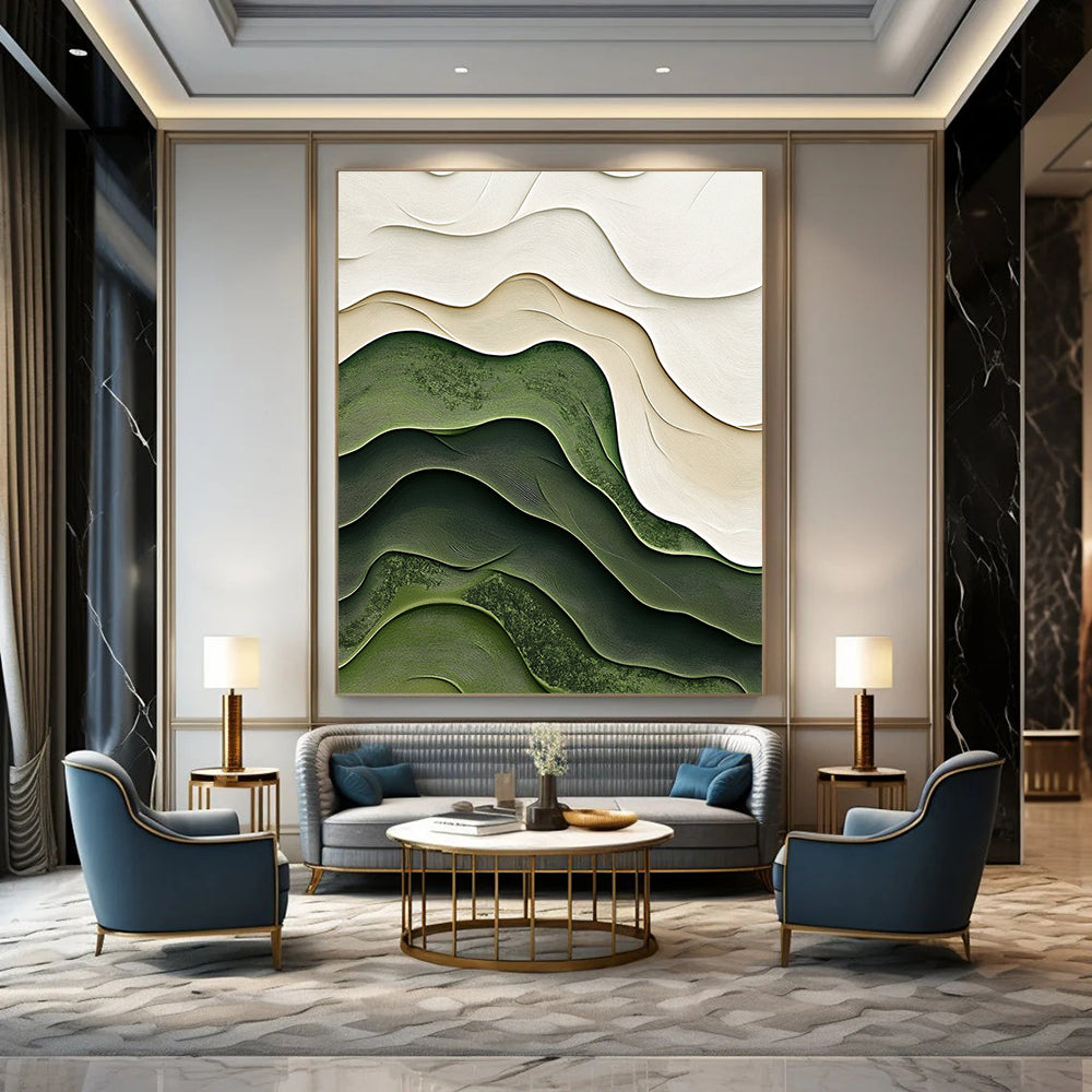 Contemporary abstract artistry featuring soft green and white layered topography enhances modern decor with elegant curves and intricate organic textures. DLZ1227