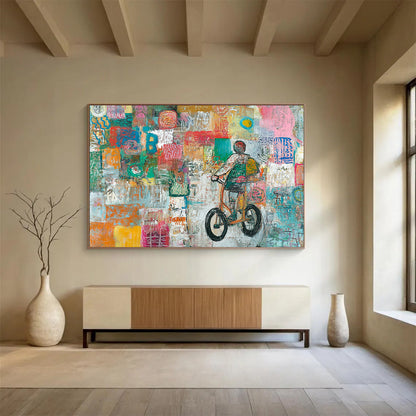 Colorful Mosaic Biker Journey – Mixed - Media Abstract Biker Scene Painting HB1469