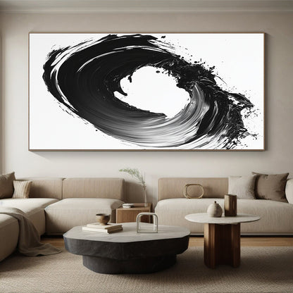 Black & White Circular Ink Brushstroke - “Infinite Ink Loop” Painting On Canvas HB230