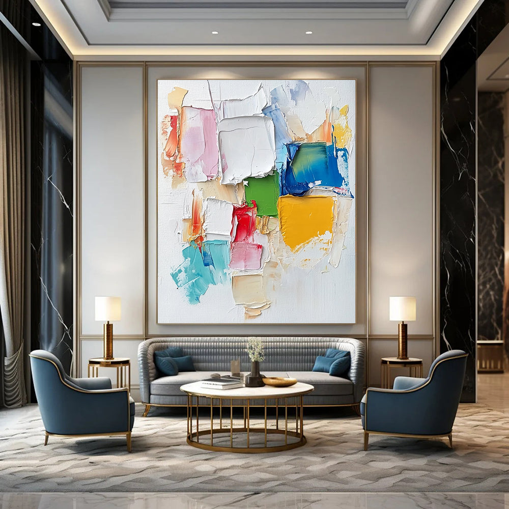 Contemporary hand-painted abstract artwork featuring colorful textures and a collage cityscape, enriched with soft brush strokes and vibrant impasto techniques. DLZ0835