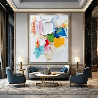 Contemporary hand-painted abstract artwork featuring colorful textures and a collage cityscape, enriched with soft brush strokes and vibrant impasto techniques. DLZ0835