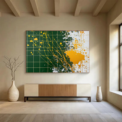 “Gold - Splatter Grid” - Green grid, yellow splatters, Abstract Painting On Canvas HB0558