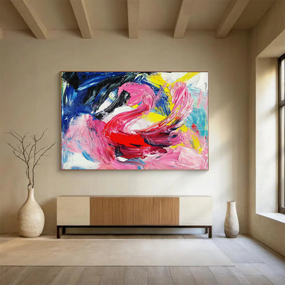 “Colorful Abstract Swan in Pink, Red, Blue, and Yellow” - Pink, red, blue, yellow; Abstract swan with colorful brushstrokes; Acrylic Painting On Canvas HB1234