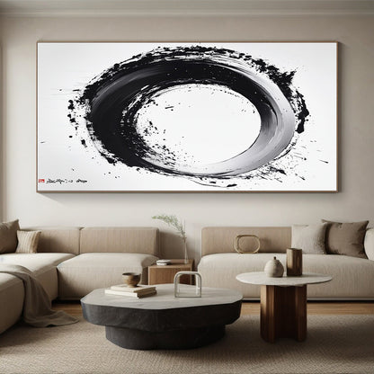 Black and White Textured Circle "Rustic Enso" Painting On Canvas HB288